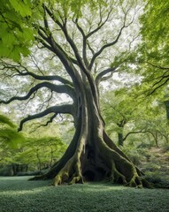Lush green forest brimming with leaves and a massive tree trunk.
