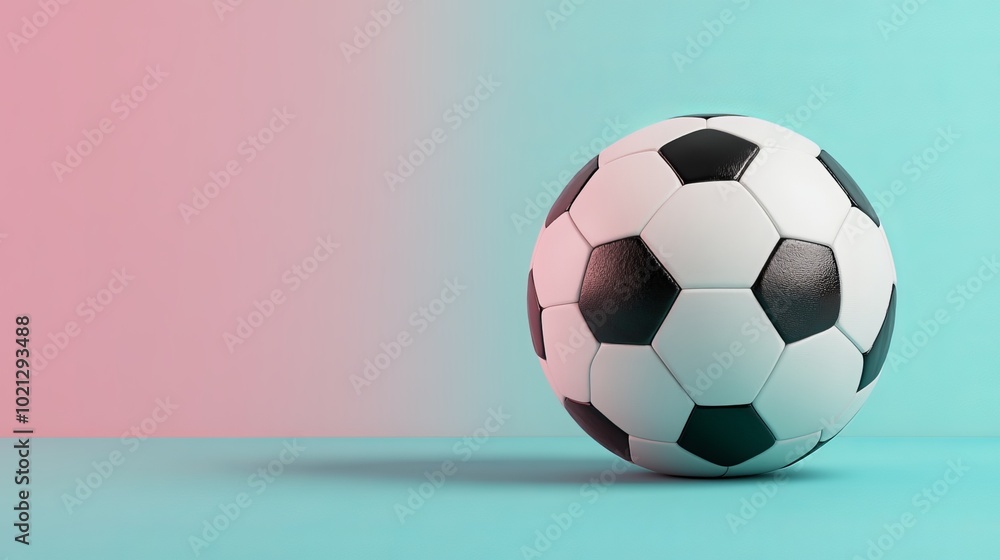 Wall mural a classic black and white leather soccer ball is isolated on a blue-pink background. the image is re