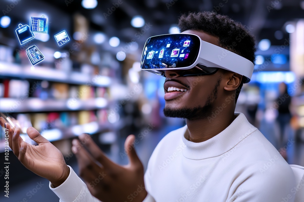 Aufkleber Futuristic scene of a shopper using holographic displays to browse items in a digital shopping spree, with virtual products floating around them in a sleek, modern mall