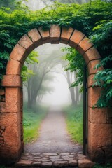 Stone Archway Leading to a Misty Forest Path.