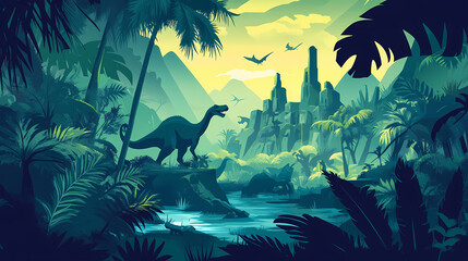 Illustration of a prehistoric jungle teeming with dinosaurs ancient ruins and primal tribes where explorers uncover the secrets of a lost world frozen in time. Alien Jungle. Illustration