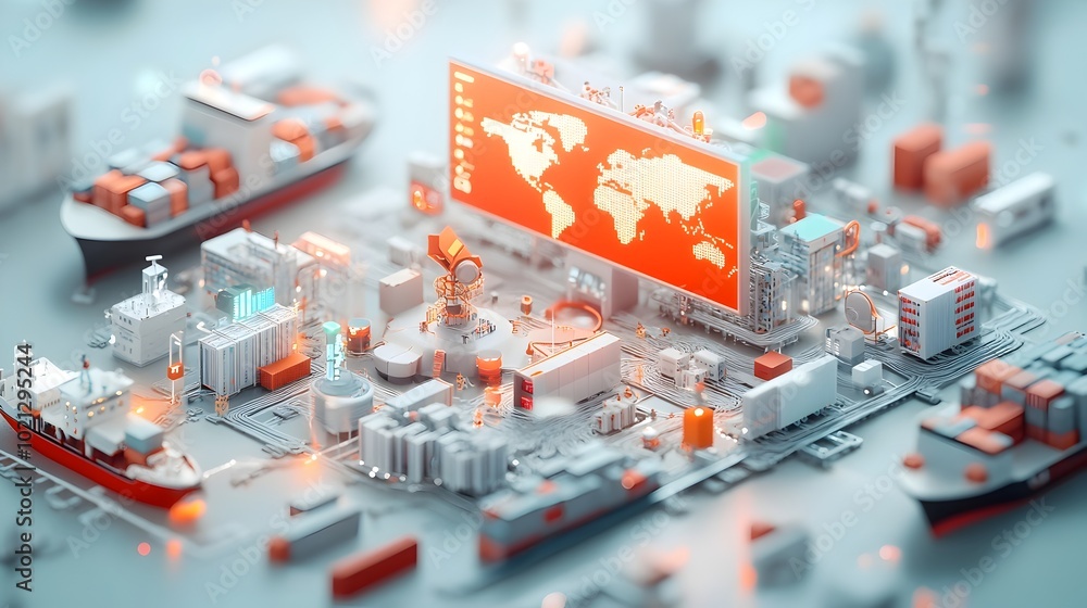 Poster a futuristic global distribution network and interconnected logistics hub powered by controls displa