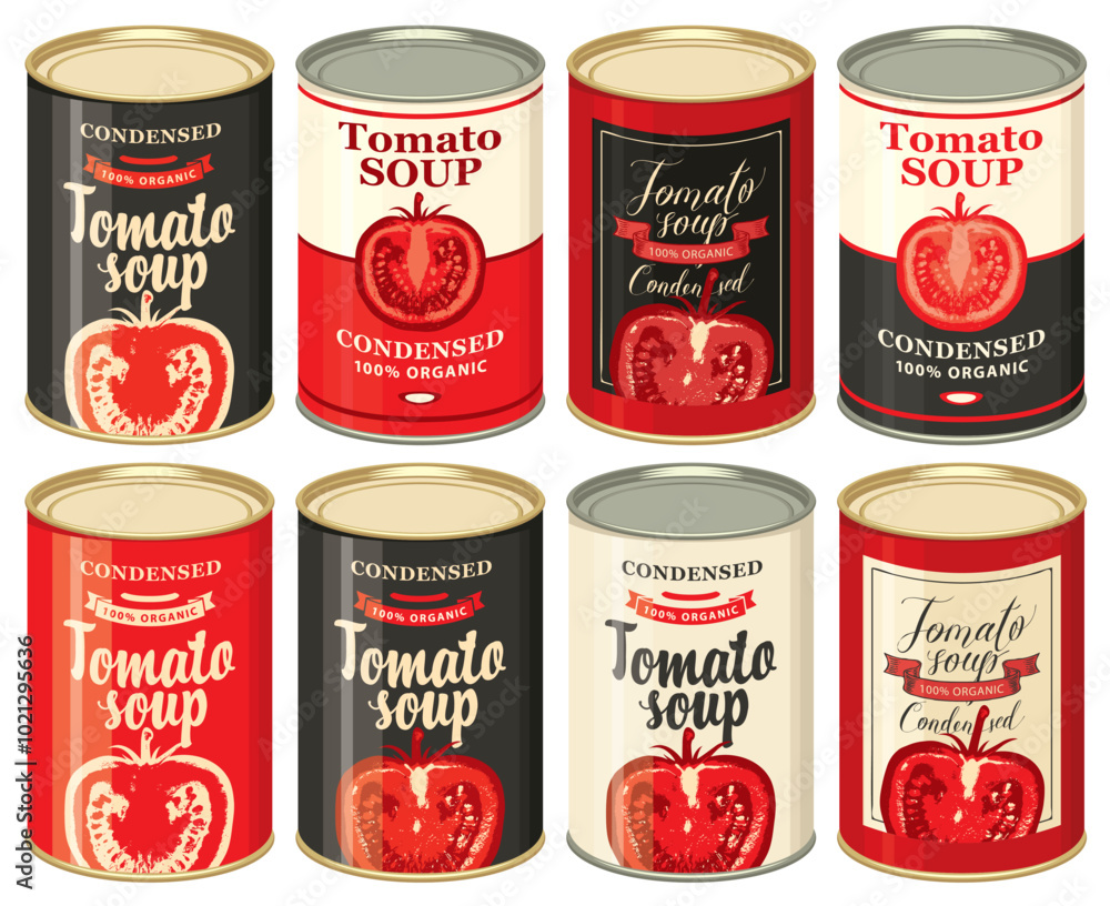 Poster set of vector illustrations of tin cans with various labels for condensed tomato soup with images of