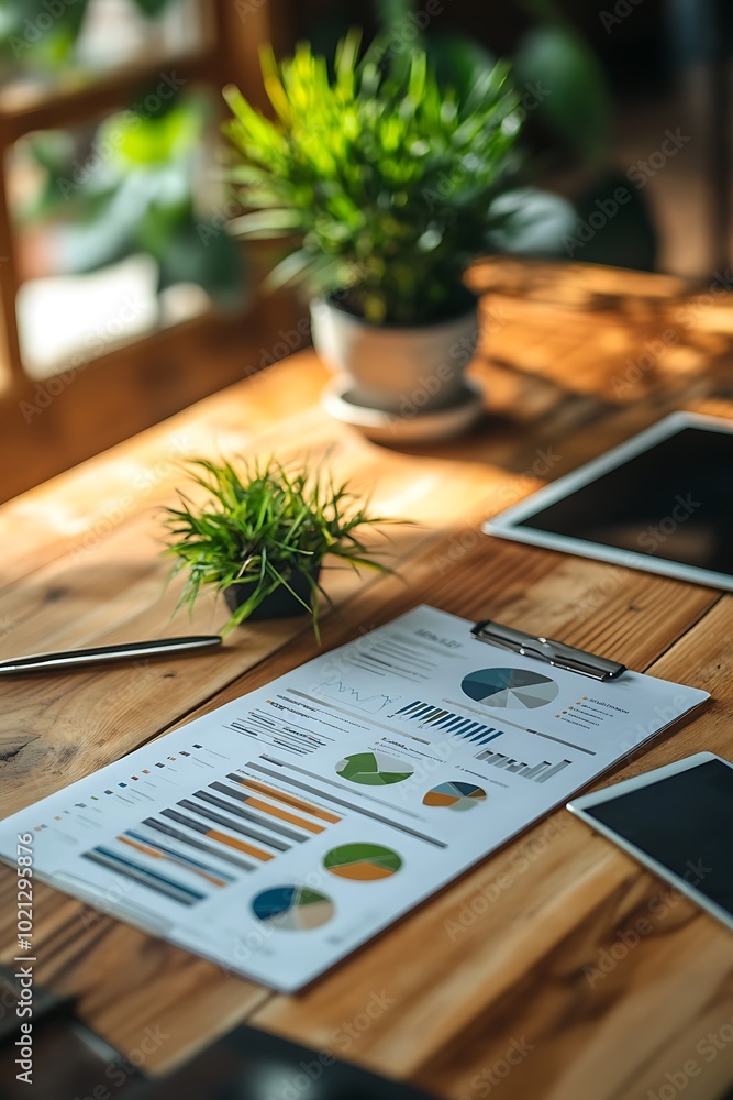 Poster a workspace featuring a report with graphs, surrounded by greenery, on a wooden table, conveying a p