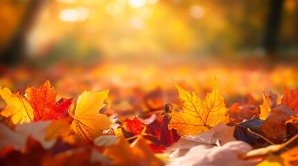 Yellow fallen leaves against the background of a blurred beautiful autumn park. Design template for wallpapers, backdrops and autumn backgrounds with copyspace