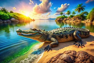 Colorful Cartoon Illustration of a Playful Crocodile Enjoying a Sunny Day by the Water's Edge