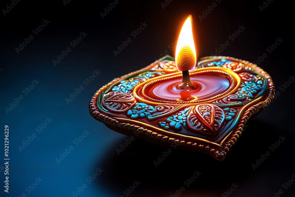 Poster hyper-realistic close-up of a single diya (oil lamp) glowing in the dark, with intricate details of 