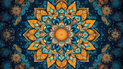 A vibrant mandala illustration featuring intricate floral patterns in blue and orange tones, perfect for backgrounds, art projects, and meditation themes