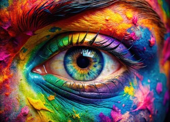 An expressive, colorful portrait of a human eye, infused with abstract psychedelic designs, perfect for inspiring artistic and innovative creative projects.