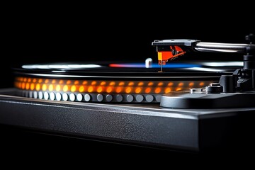 Hyper-realistic close-up of a vinyl record spinning on a turntable, with intricate details of the grooves and needle, symbolizing the music culture of yesterday