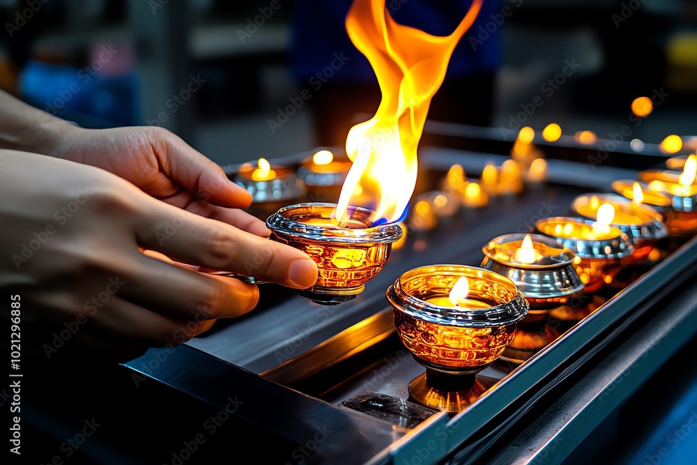 Poster hyper-realistic close-up of hands lighting small oil lamps in a beautifully arranged pattern, captur