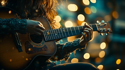 Obraz premium Close-up of a Woman Playing an Acoustic Guitar with Bokeh Lights in the Background