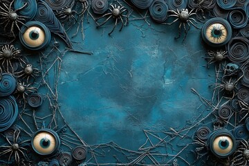 Artistic Halloween Banner with Quilled Eyes and Paper-Cut Spider Webs for Spooky Greetings