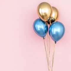 A collection of shiny balloons in gold and blue against a pink background, ideal for celebrations.