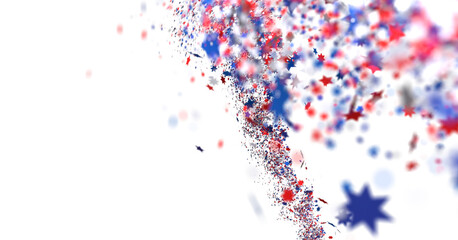 Festive background with confetti in the shape of stars in the color of the American flag.