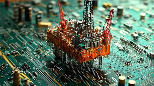 A miniature oil rig sits on top of a circuit board, representing the intersection of energy and technology