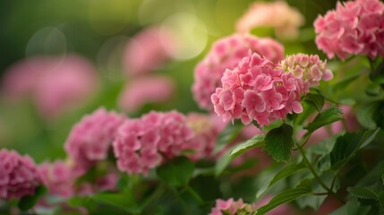 Obraz premium Pink Hydrangea Blooms in a Lush Garden