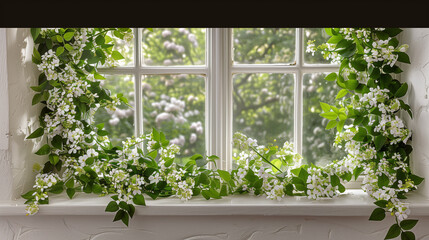 Fototapeta premium A charming white window framed by lush greenery and blooming white flowers, providing a delightful glimpse of the garden outside