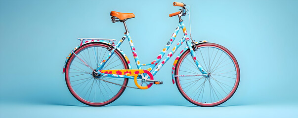Fototapeta premium A Vintage Bicycle with Colorful Floral Pattern Design is Standing on a Light Blue Background