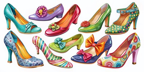 Fototapeta premium Colorful Collection of Shoes Clip Art Featuring Various Styles for Fashion and Design Projects