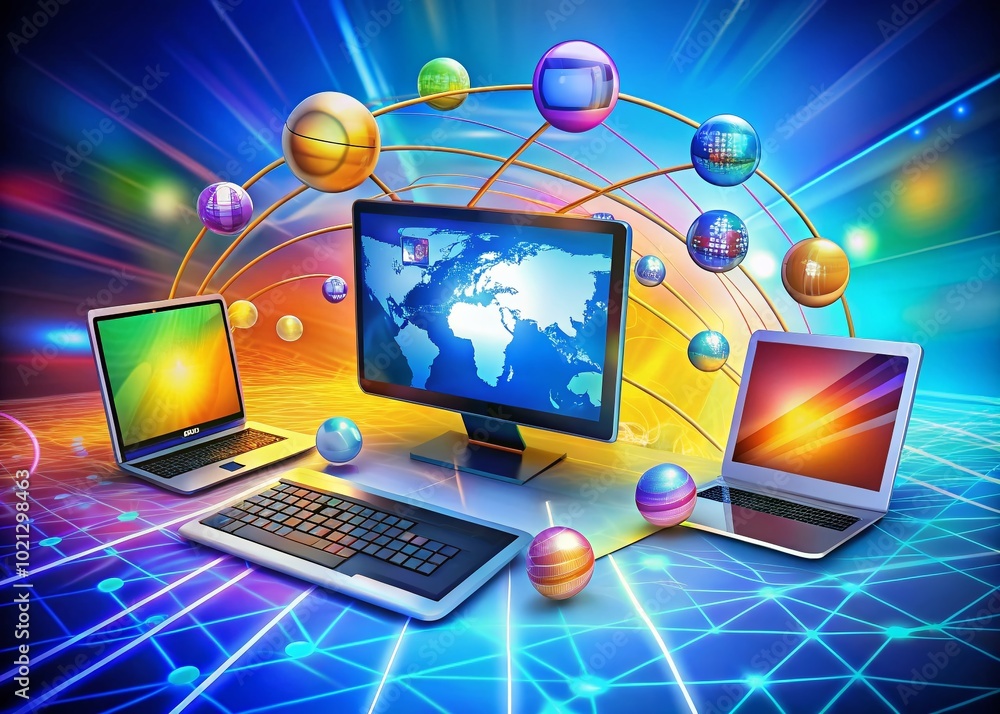 Poster colorful computer technology clipart illustrating modern digital devices and networking concepts