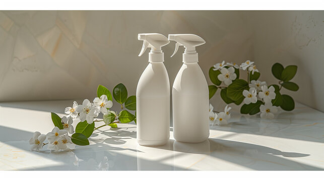 White spray bottles and white flowers on a marble floor with sunlight. Mockup for eco-friendly cleaning products