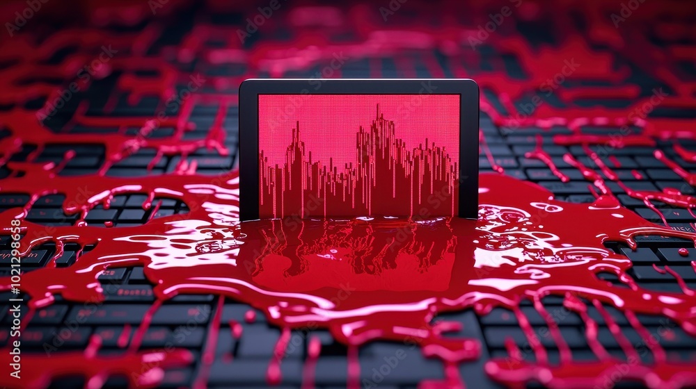 Poster a tablet screen with vivid red liquid flowing over a circuit board, creating a dramatic visual contr