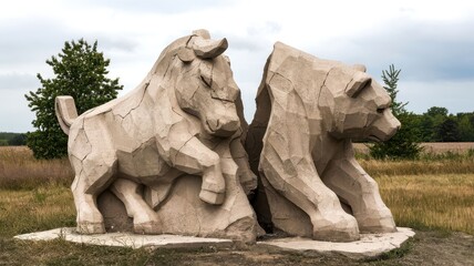 Obraz premium A striking stone sculpture showcasing a bull and a bear in dynamic form, set against a natural landscape.