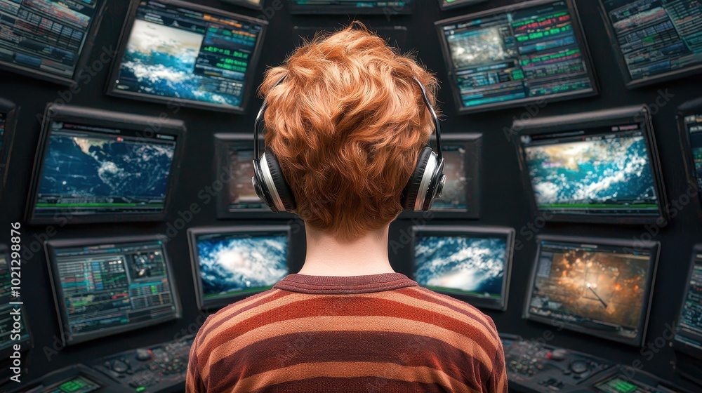 Poster child immersed in technology, viewing multiple screens with data and visuals, showcasing curiosity a