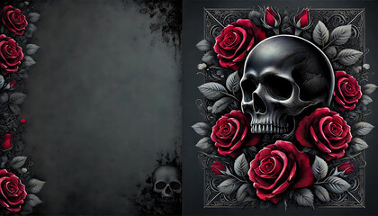 black skull with dark red roses in neo-gothic art style, designed for eerie and sophisticated backgrounds