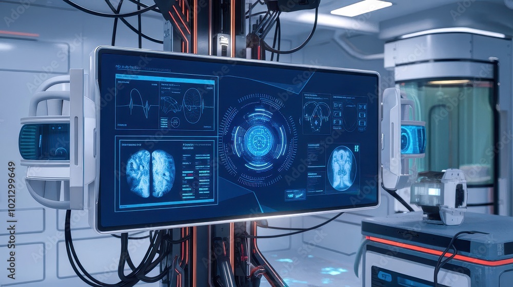 Poster futuristic control panel with advanced medical diagnostics and data displays in a high-tech laborato