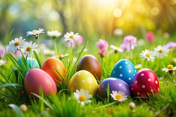 Colorful Easter Eggs Nestled in Fresh Green Grass with Spring Flowers for a Festive Celebration