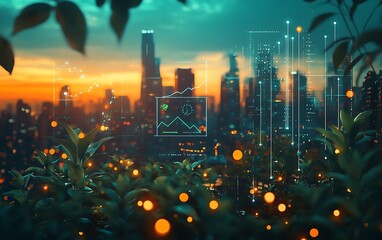 A vibrant sunset illuminates a futuristic city skyline, blending nature with technology, showcasing greenery amidst glowing data visualizations.