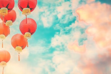 Obraz premium Red lanterns float in dreamy sky, evoking festive feel.