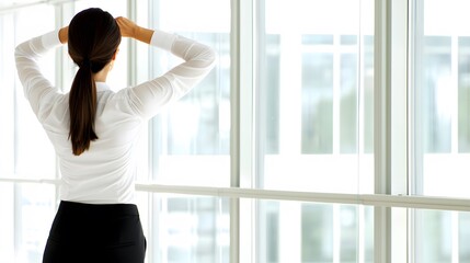 Stretching Break: isolate on white background. An image of an office worker standing up, stretching their arms and neck. Natural light illuminates the scene, emphasizing the importance of movement 