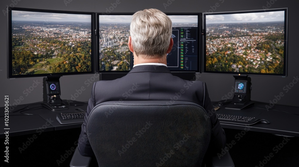 Poster professional man working efficiently at a desk with multiple monitors showcasing city views.