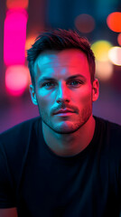 Portrait of a Young Man Lit by Vibrant Blue and Red Neon Lights,  Creating a Striking Contrast Against His Dark Clothing.