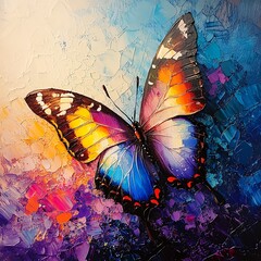 Obraz premium A vibrant, colorful painting of a butterfly set against a textured background.