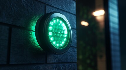 A green circular traffic light with a green backlight is mounted on a dark wall. The light indicates movement or a go signal. The image is a 3D rendering. 
