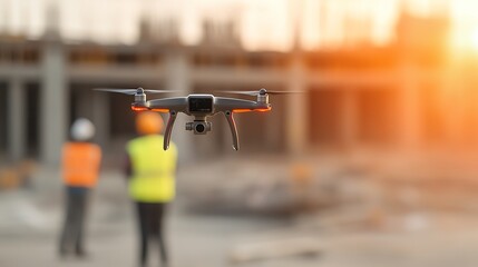 A drone equipped with AI technology inspecting a construction site, capturing detailed imagery and data for realtime analysis, with engineers monitoring the progress on tablets