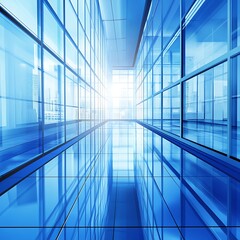 Obraz premium A modern, bright corridor with glass walls reflecting light and creating a sleek, futuristic atmosphere.