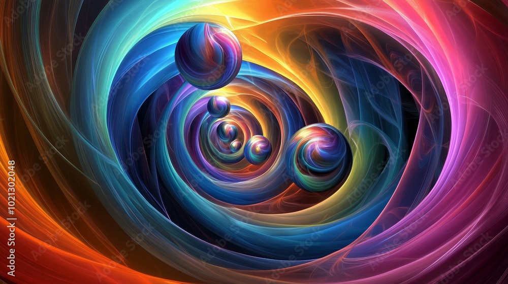 Poster colorful abstract swirls with orbs creating a vibrant, dynamic visual experience in a cosmic-like se