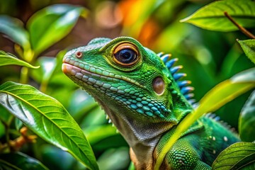 Obraz premium Colorful Leaf Lizard Camouflaged Among Green Leaves in Tropical Forest Environment Natural Habitat