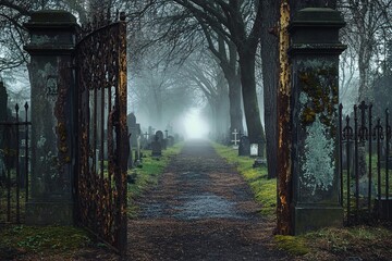 Misty cemetery gates open to a somber, eerie pathway. © Tacker