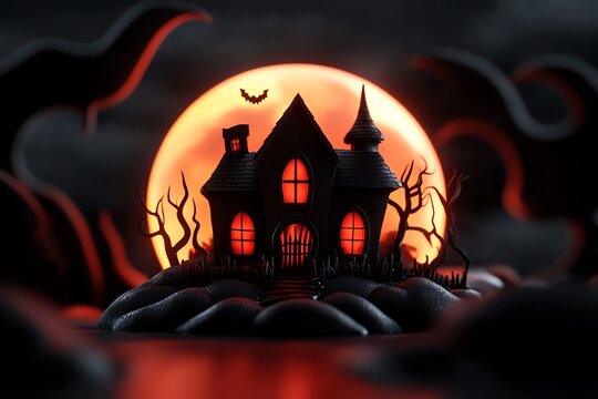 Minimalist depiction of a dark, haunted house silhouette against a full moon, symbolizing the spookiness of Halloween