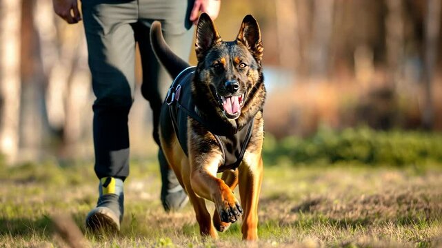 Police service dog runs in the training park after being commanded to attack. A dog handler trains a shepherd dog to catch criminals.