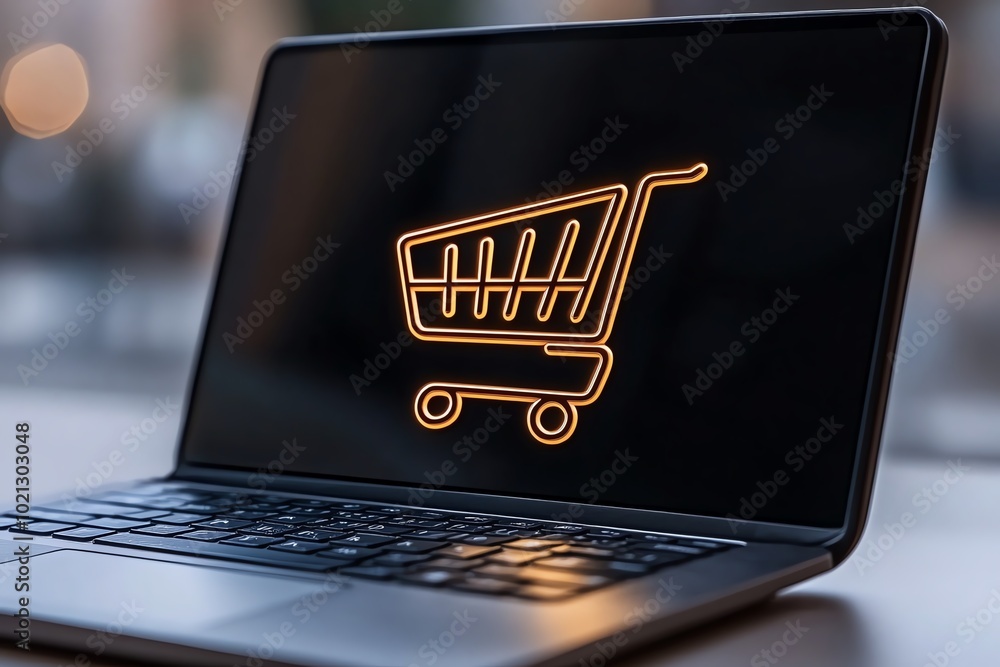 Aufkleber Minimalist depiction of a laptop with a shopping cart icon on the screen, capturing the essence of e-commerce in soft lines and simple colors