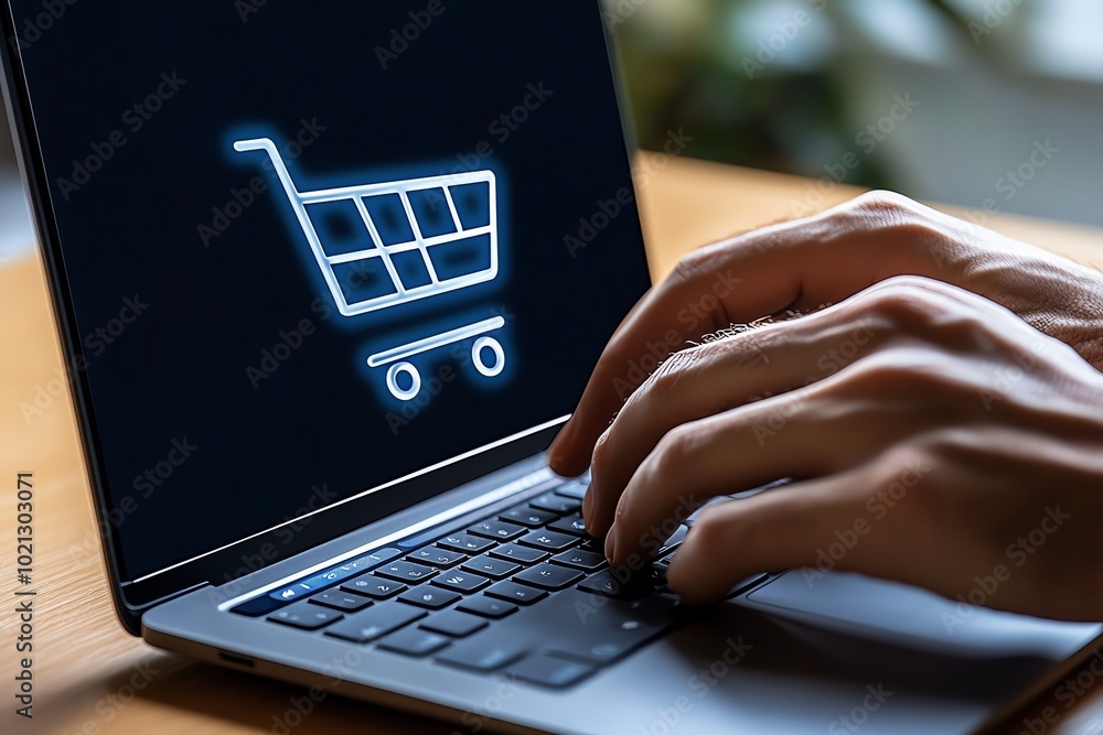 Aufkleber Minimalist depiction of a laptop with a shopping cart icon on the screen, capturing the essence of e-commerce in soft lines and simple colors