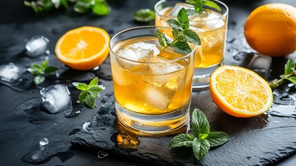 Amaretto Sour served in a sleek glass with ice cubes, isolated on a dark slate background with decorative herbs and citrus slices