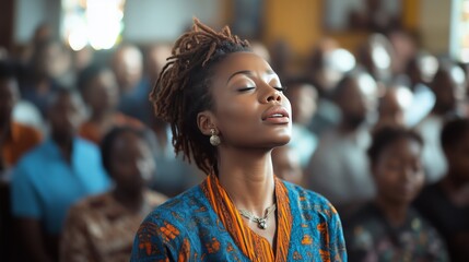Fototapeta premium A Black woman wearing an outfit with blue and orange colors is singing in the middle of her church.